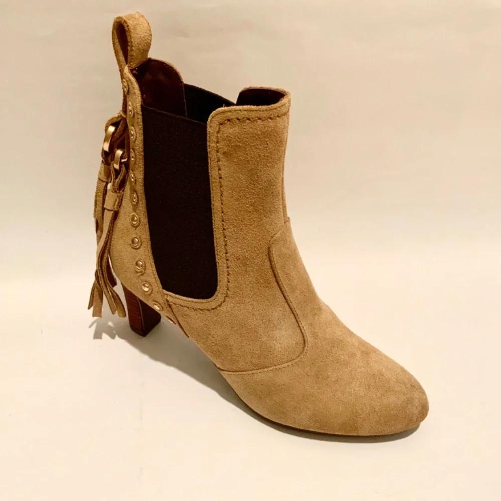 See by Chloé Beige Tan Suede Tasseled Studded Chelsea Ankle Boots Boho Booties